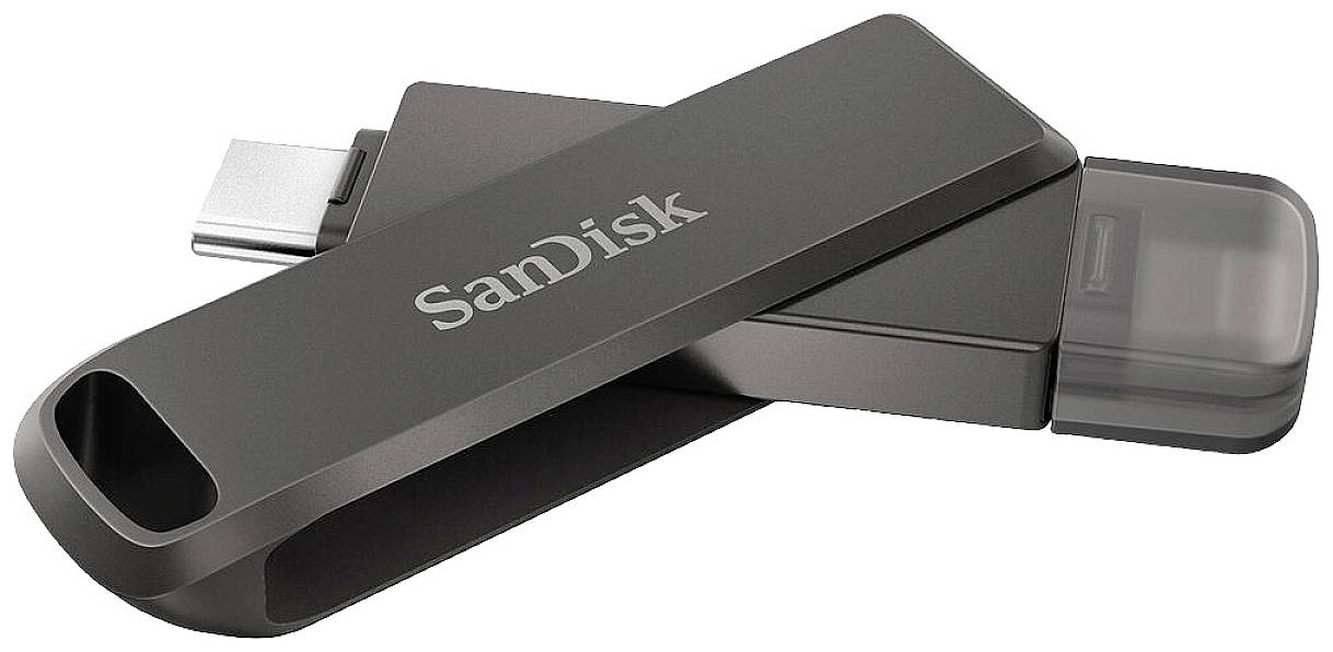 'SanDisk USB-Stick mit zwei Anschlüssen: USB-C auf einer Seite und herkömmlicher USB-A auf der anderen, geschlossenes Design.'