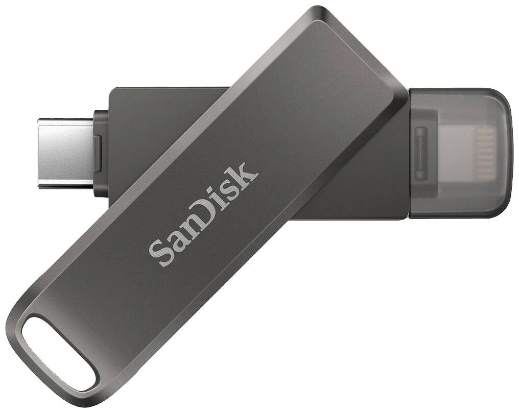 USB-Stick von SanDisk mit USB-C- und Standardanschluss, in den Farben Grau und Schwarz, auf weißem Hintergrund.