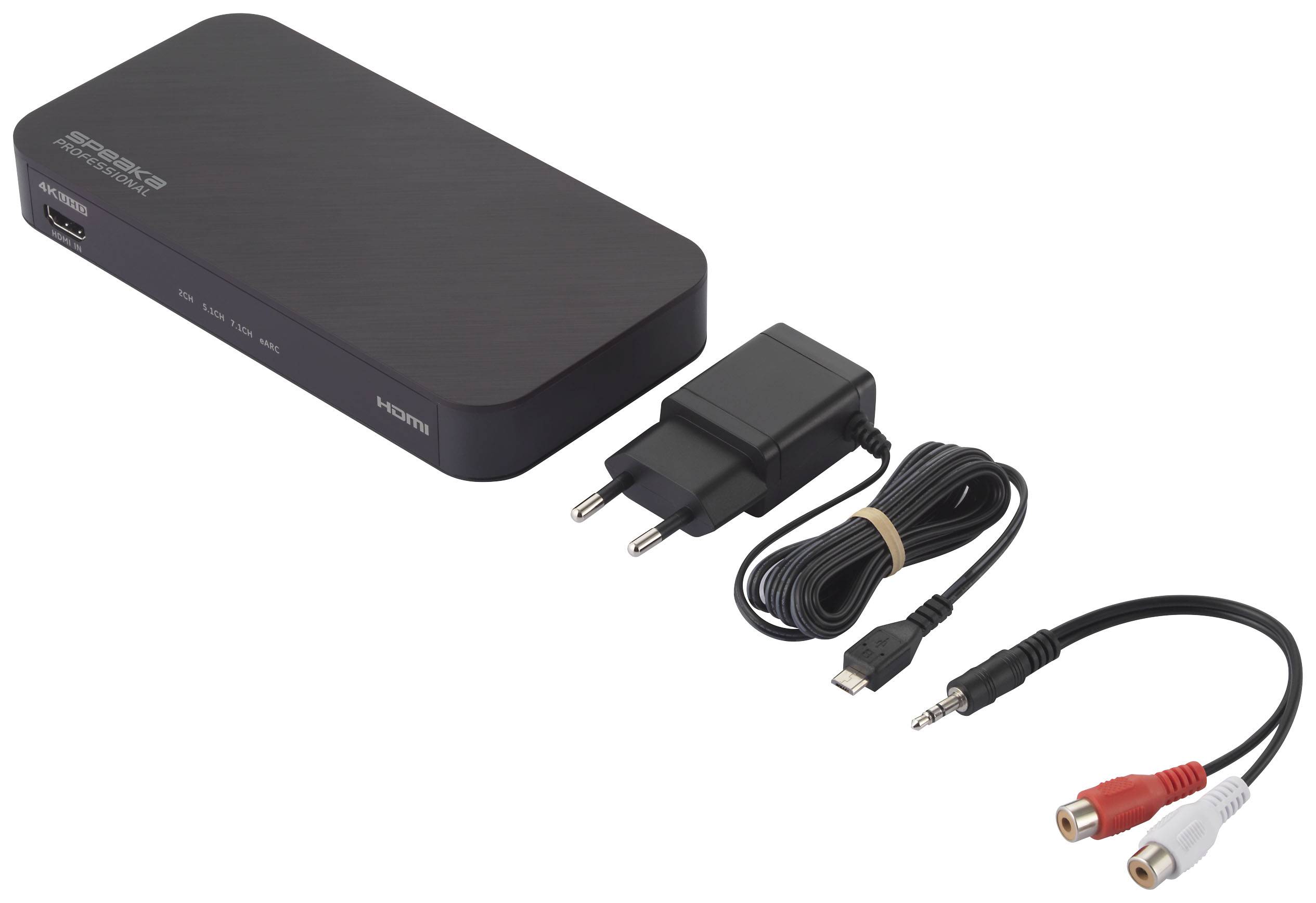 Externe Festplatte, Netzteil, und Kabel: ein USB-Kabel und ein Audiokabel mit rot-weißen Anschlüssen.