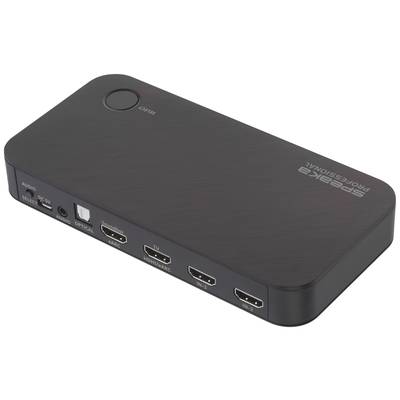 Schwarzer HDMI-Umschalter mit Beschriftungen 'Speaker Professional' und 'Select', drei HDMI-Eingänge, optischer und Audio-Ausgang.