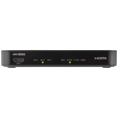 'Schwarzer AV-Umschalter mit 4K UHD- und HDMI-Logo. Zeigt Eingänge: IN-1, IN-2, IN-3. Indikatoren für 2CH, 5.1CH, 7.1CH, QARC.'