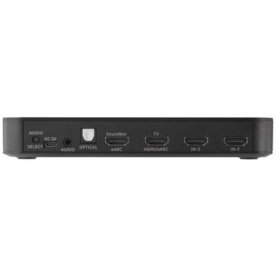 Rückseite eines elektronischen Geräts mit Anschlüssen: AUDIO, DC 5V, OPTICAL, eARC, HDMI/ARC, IN-3, IN-2. Audioausgang und optischer Eingang sichtbar.