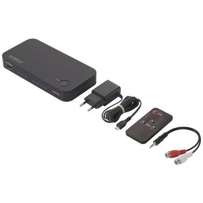 Eine schwarze Medien-Streaming-Box mit HDMI-Anschluss, Netzteil, HDMI-Kabel, Fernbedienung und AV-Kabel. Geeignet für Heimkino-Setups.