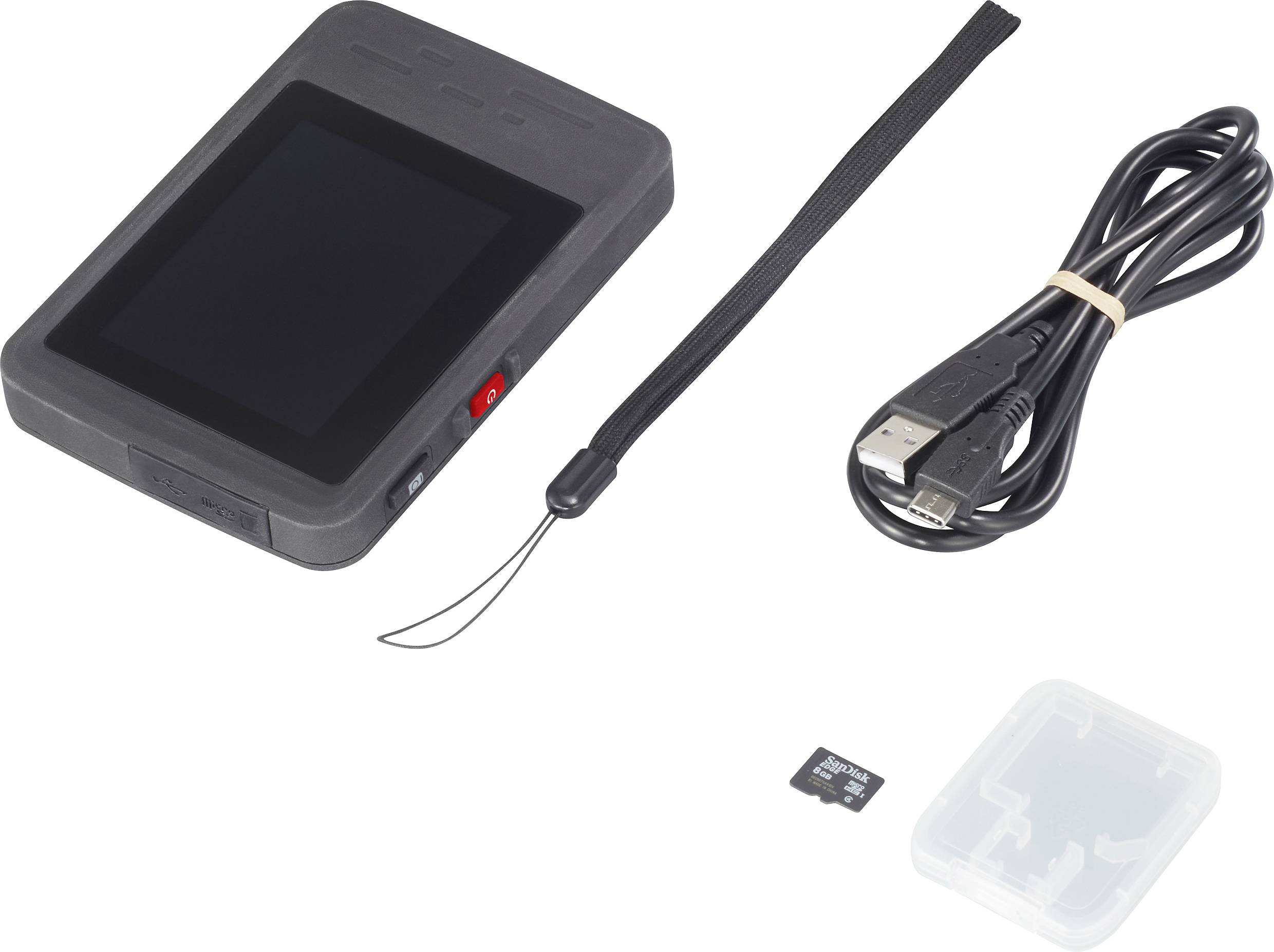 Ein tragbarer Medienplayer mit Armband, USB-Kabel und microSD-Karte samt Hülle. Ideal für Musik- und Videonutzung unterwegs.