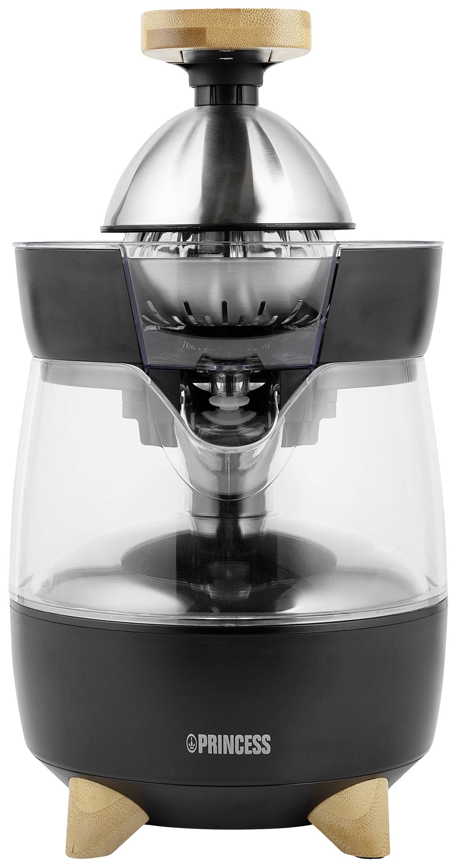 Elektrische Zitruspresse mit schwarzem Gehäuse, Holzdetails und Edelstahlsieb. Geeignet zum Entsaften von Zitrusfrüchten.