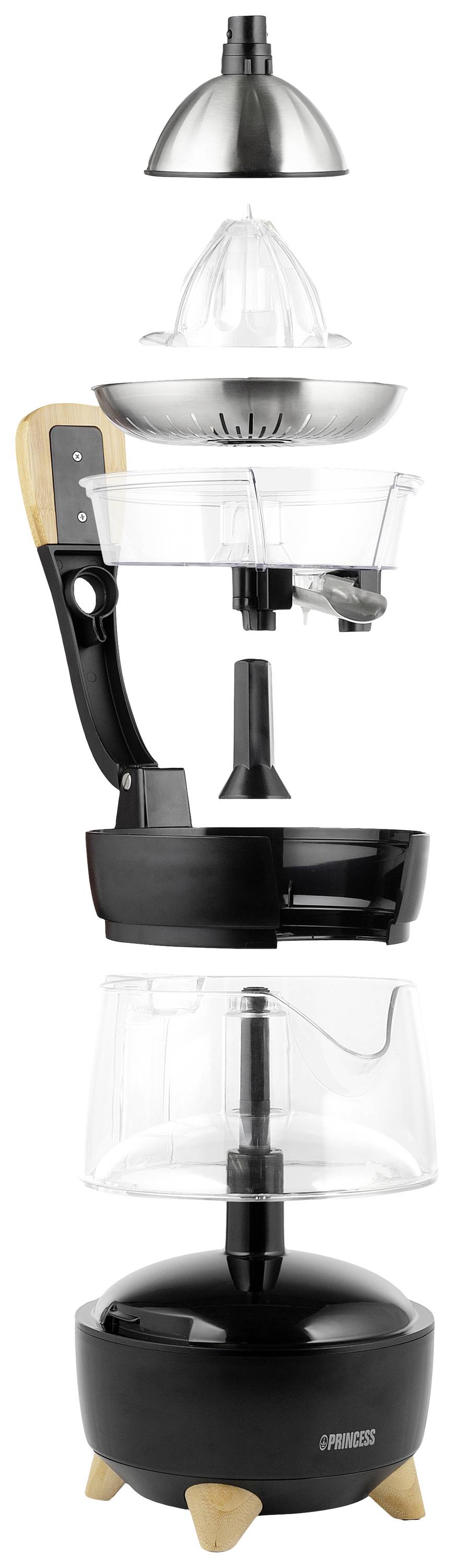 Explodierte Ansicht eines elektrischen Entsafters mit Teilen: Saftbehälter, Sieb, Presskegel, Abdeckung, Motorbasis mit Holzfüßen. 