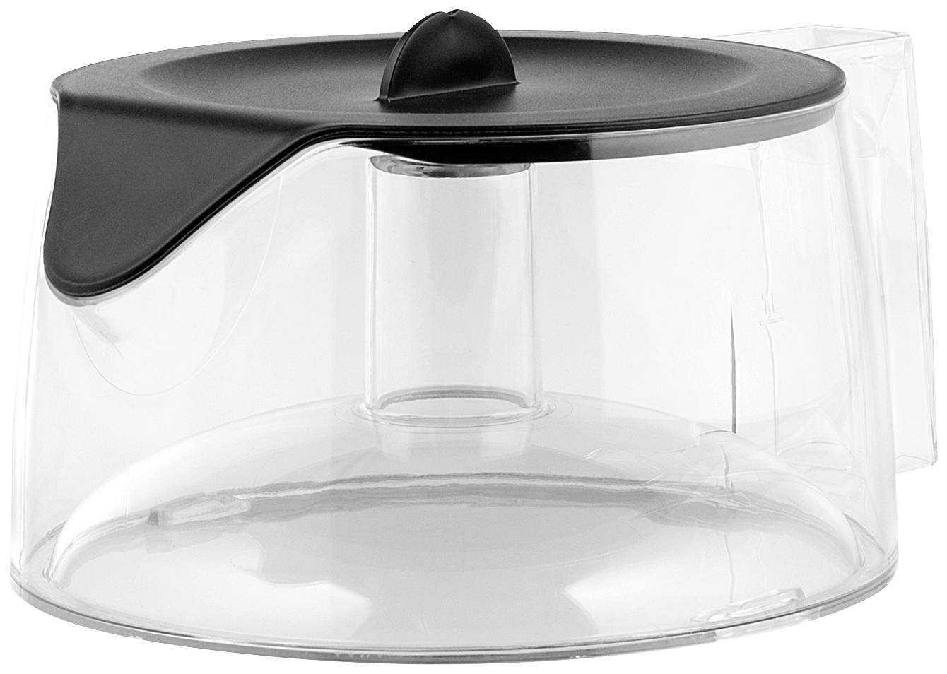 Transparente Teekanne mit schwarzem Deckel und Griff, ideal für das Zubereiten und Servieren von Tee. Form ist modern und schlicht.