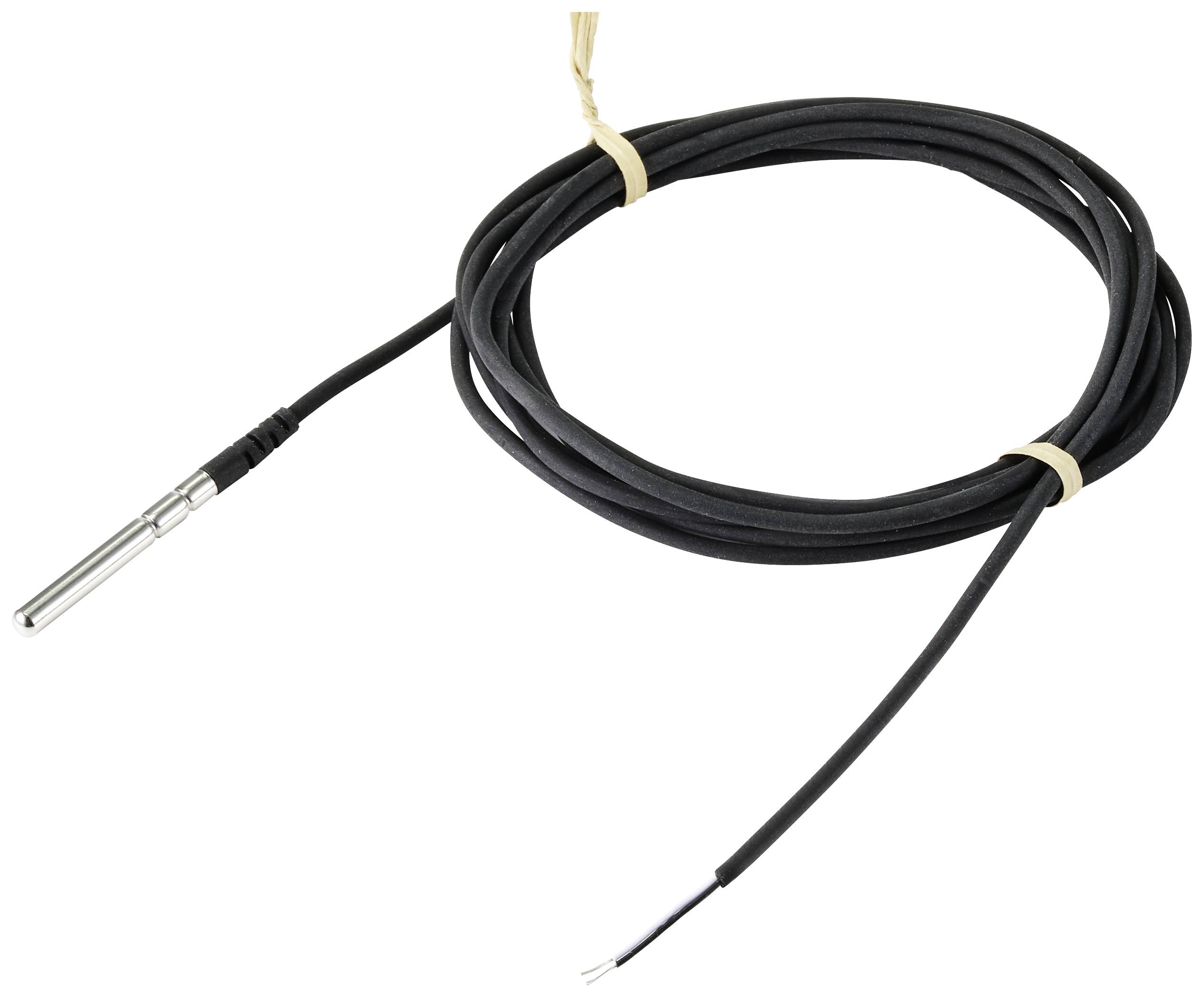 Schwarzes Kabel mit Metallsonde an einem Ende und abisolierten Drähten am anderen. Geeignet für Temperaturmessungen.