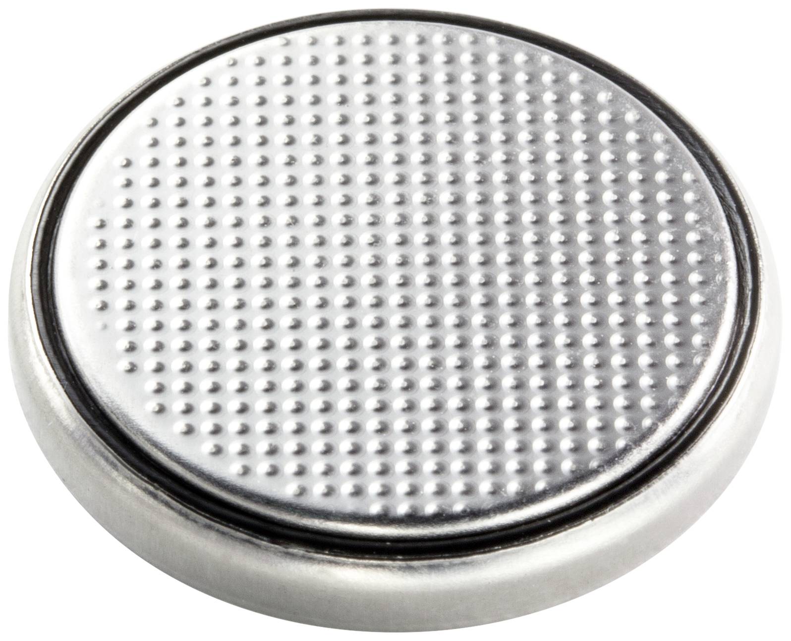 Runde Knopfzelle mit metallischer, genoppter Oberfläche, oft als Batterie in kleinen elektronischen Geräten verwendet.