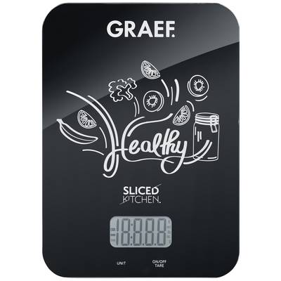 Digitale Küchenwaage mit schwarzer Oberfläche. Der Aufdruck zeigt 'GRAEF', stilisierte Früchte, ein Glas und das Wort 'Healthy'.