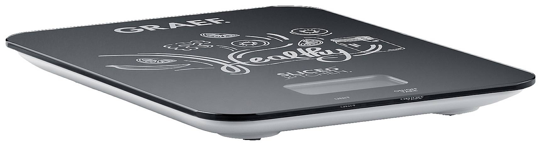 Digitale Küchenwaage der Marke Graef mit schwarzem Design und Symbolen für Kochen und Backen, geeignet zum präzisen Abwiegen von Zutaten.