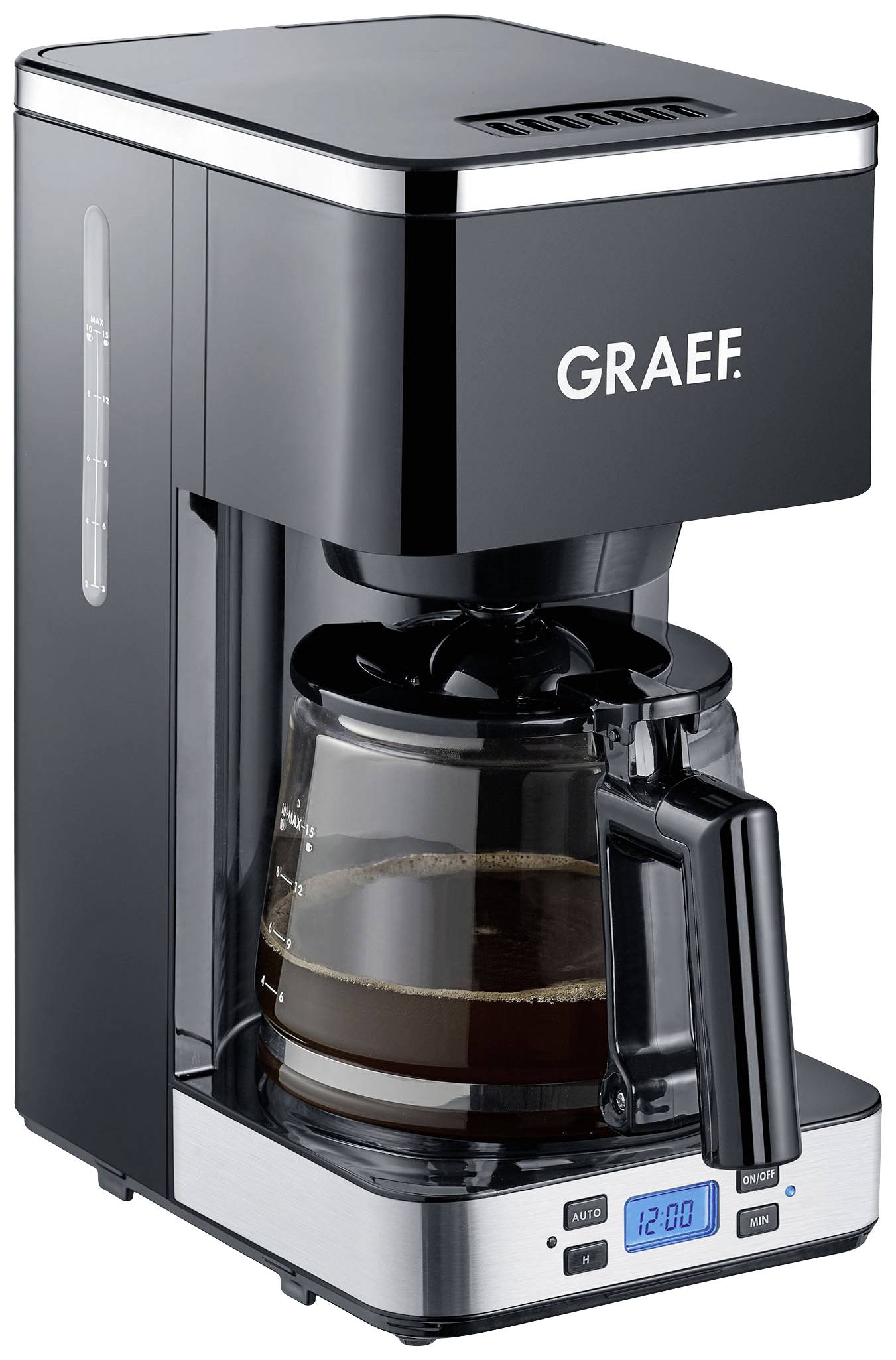 'Graef' Kaffeemaschine mit Glaskanne und digitalem Display, zeigt 12:00. Modernes Design in Schwarz und Silber.