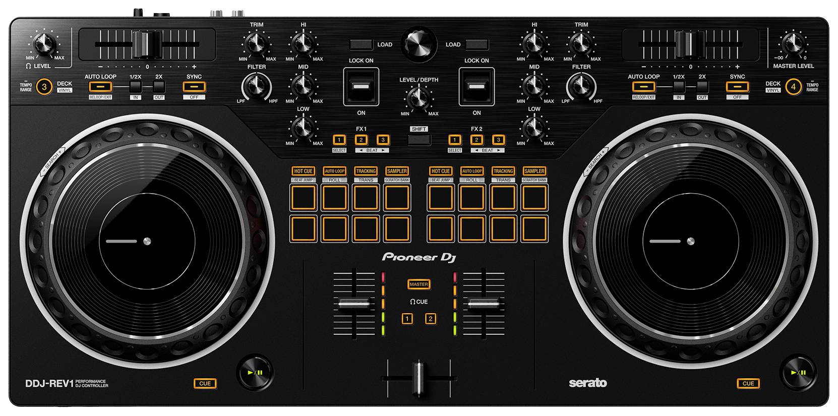 Ein DJ-Controller mit zwei großen Jog-Wheels, mehreren Reglern und Tasten, schwarz, mit orangenen Markierungen und Beschriftungen.