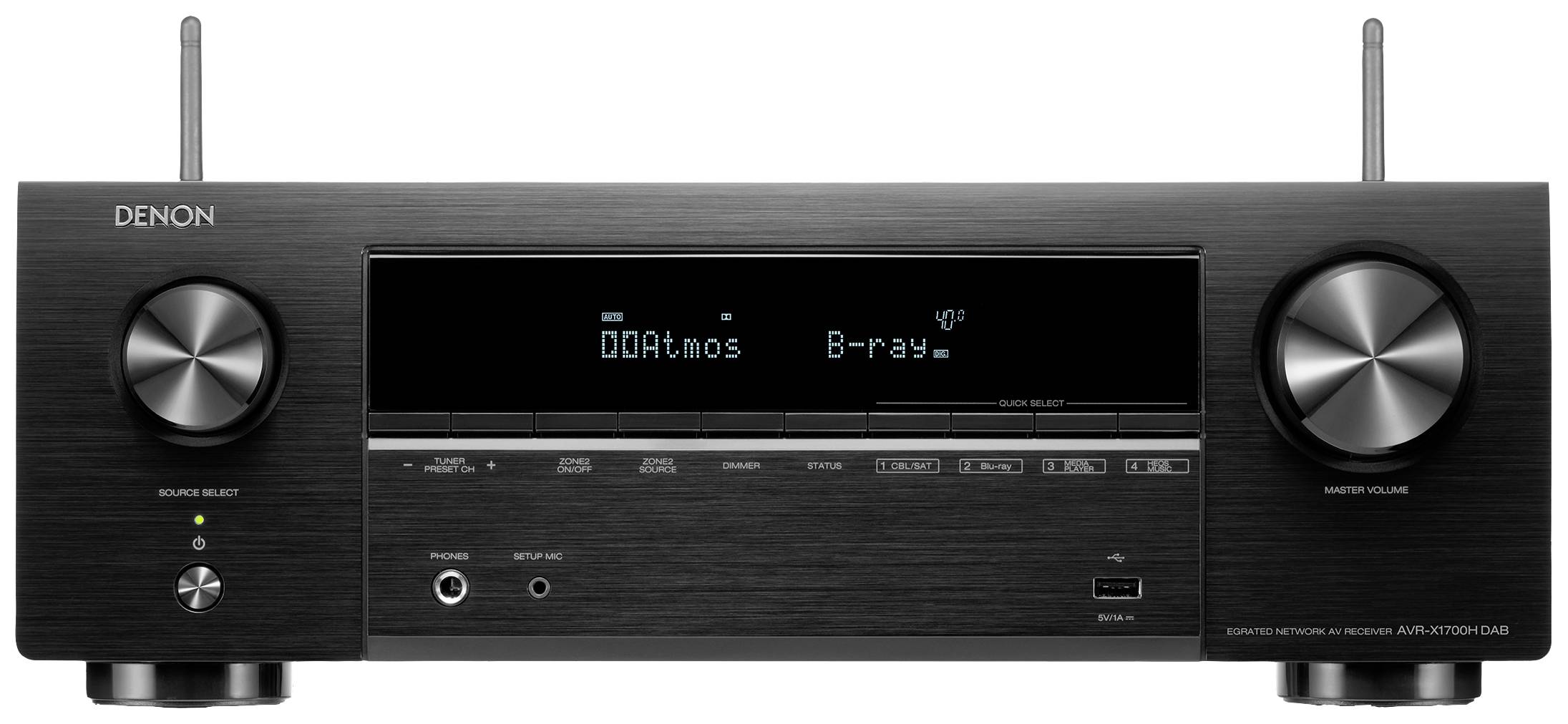 Ein schwarzer AV-Receiver mit zwei Drehknöpfen und Display zeigt 'Dolby Atmos' und 'B-ray'. Markenname oben links sichtbar.