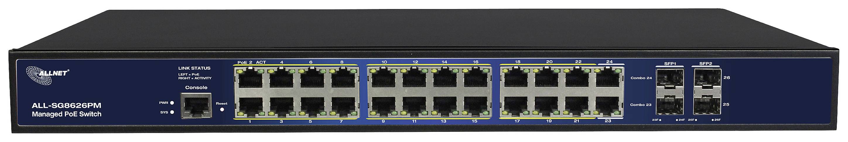 'Managed PoE Switch' mit 24 Ethernet-Ports und vier Glasfaser-Ports, geeignet für Netzwerkverbindungen. Schwarz, auf Tisch positioniert.