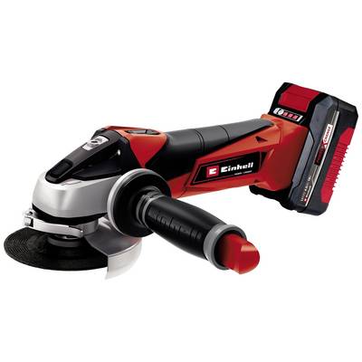 Ein roter Einhell Akku-Winkelschleifer mit seitlichem Griff, sichtbar sind das Schleifblatt und der Ein-/Ausschalter.