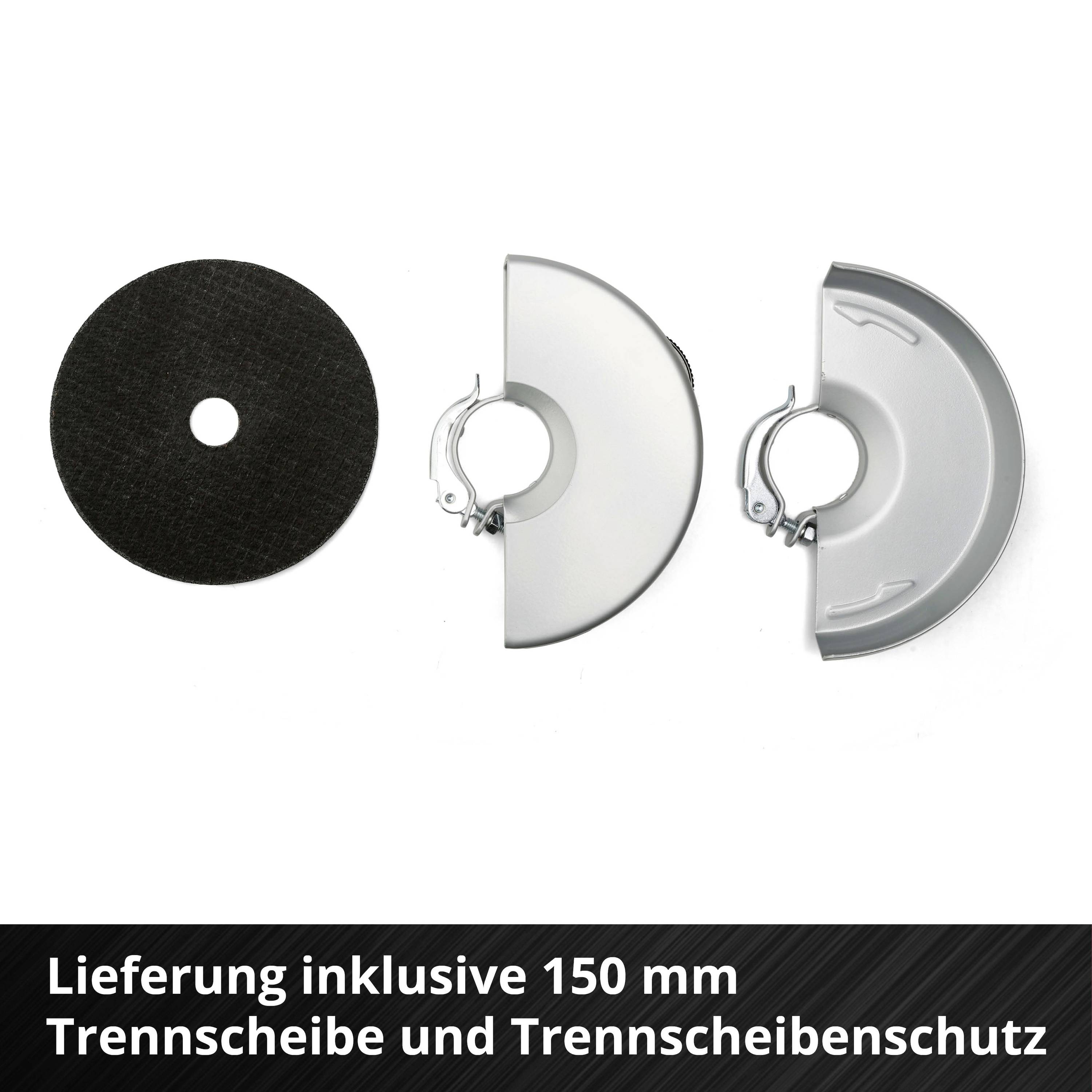'Lieferung inklusive 150 mm Trennscheibe und Trennscheibenschutz' zeigt eine Trennscheibe links und einen Trennscheibenschutz rechts.