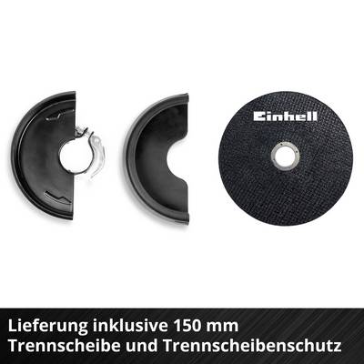 Einhell 150-mm-Trennscheibe mit Trennscheibenschutz; Produktabbildung mit zwei Schutzhauben und einer Scheibe, Hinweis auf Lieferumfang inklusive Schutz und Scheibe.<br>