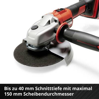 Ein Winkelschleifer mit rotem Griff, geeignet für bis zu 40 mm Schnitttiefe. Text unten informiert über max. 150 mm Scheibendurchmesser.