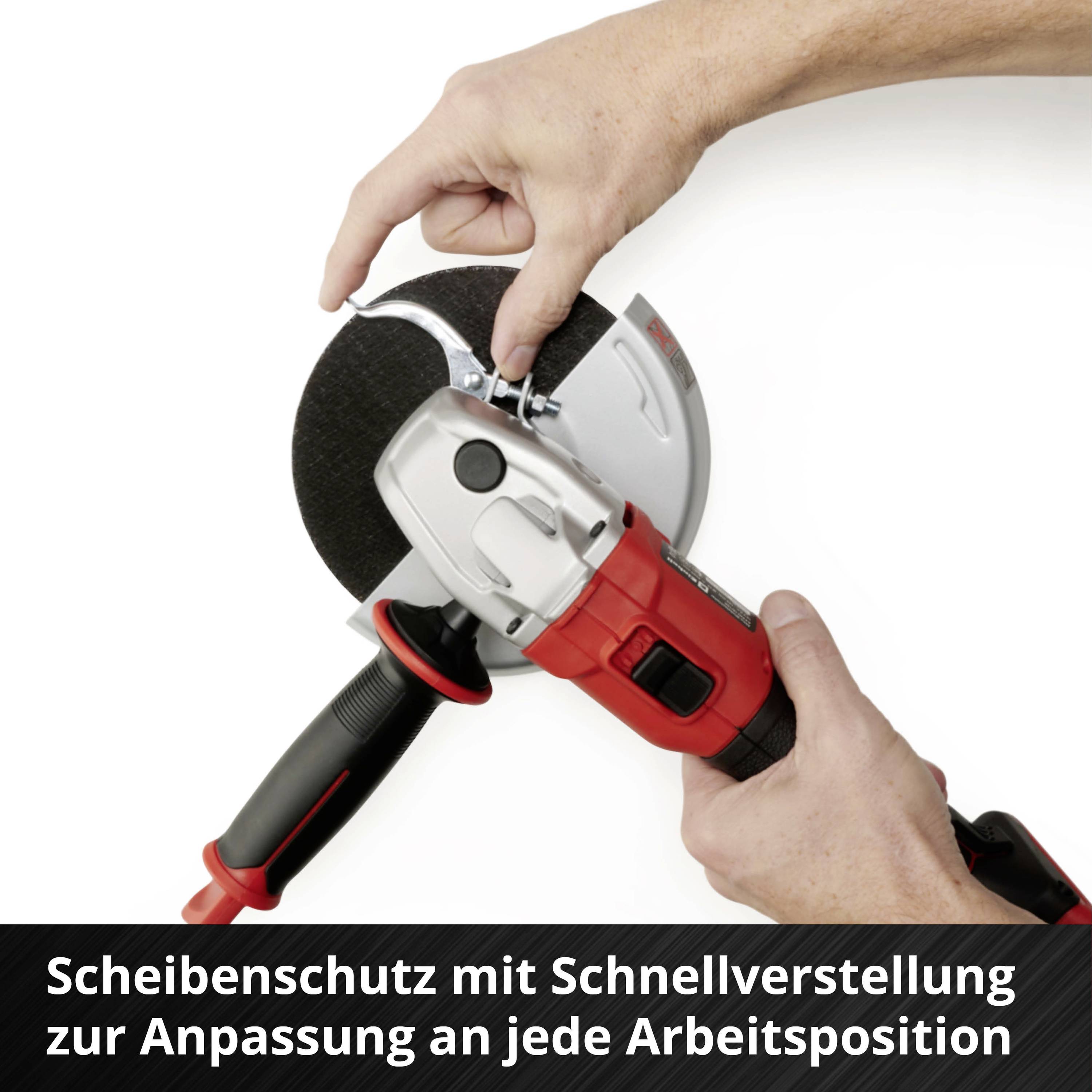 Eine Hand hält eine Schleifmaschine mit Schnellverstellmechanismus. Text unten: 'Scheibenschutz mit Schnellverstellung zur Anpassung an jede Arbeitsposition'.