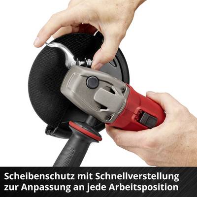 Hände stellen den Scheibenschutz eines Winkelschleifers per Schnellverstellung ein; Text: 'Scheibenschutz mit Schnellverstellung zur Anpassung an jede Arbeitsposition'