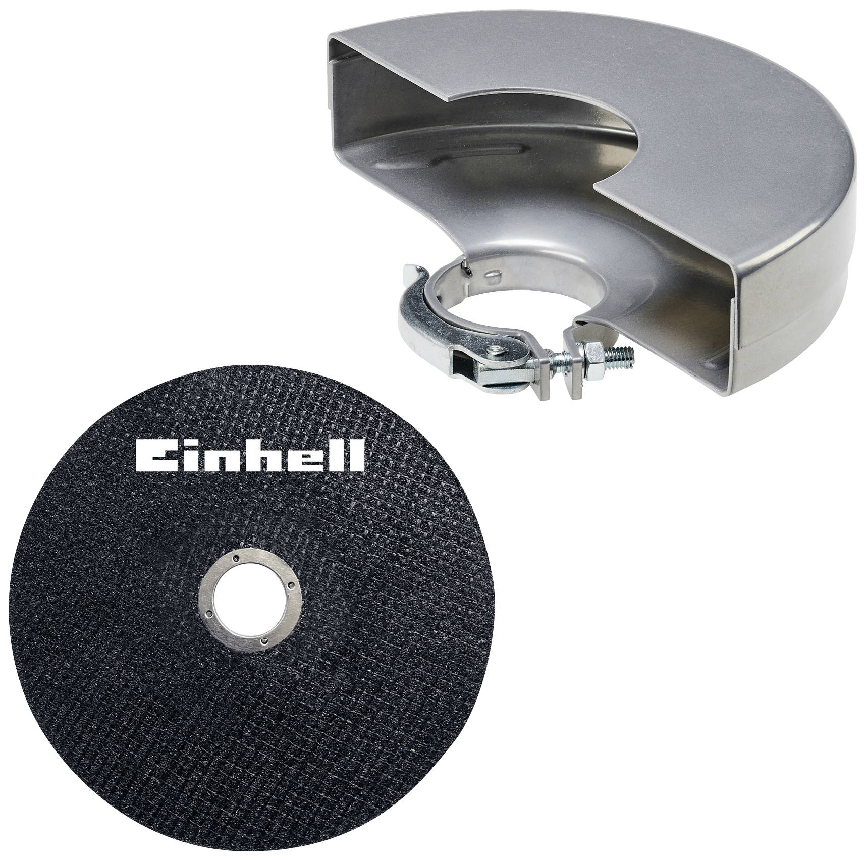 Schutzabdeckung und Trennscheibe für Winkelschleifer der Marke Einhell, angezeigt nebeneinander.