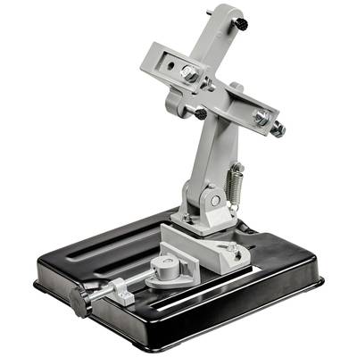 Halterung für eine Schneidemaschine: Graue, verstellbare Metallhalterung auf schwarzem Sockel, für stabile und präzise Schnitte.