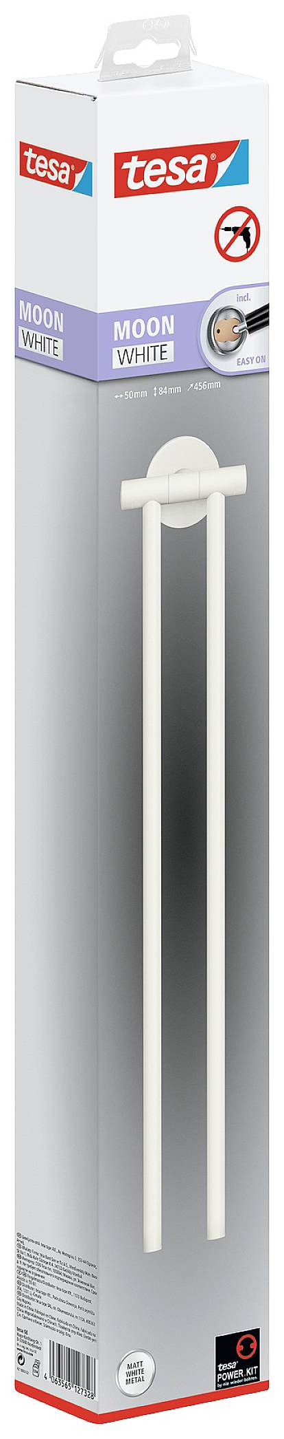 Verpackung von Tesa 'Moon White'-Produkten, zeigt einen Bohrer im Verbotssymbol. Werkzeugfreie Montageoption hervorgehoben.