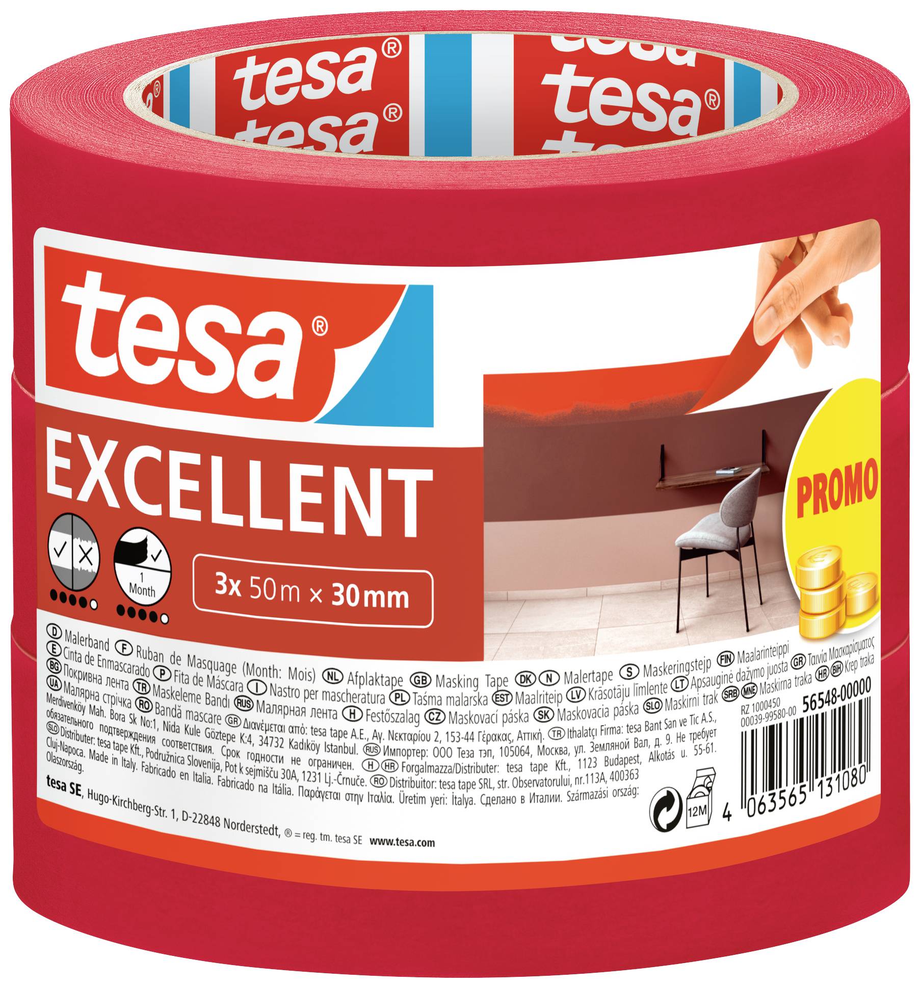 TESA EXCELLENT 56548-00000-00 Kreppband Rot (L x B) 50 m x 30 mm 3 St.