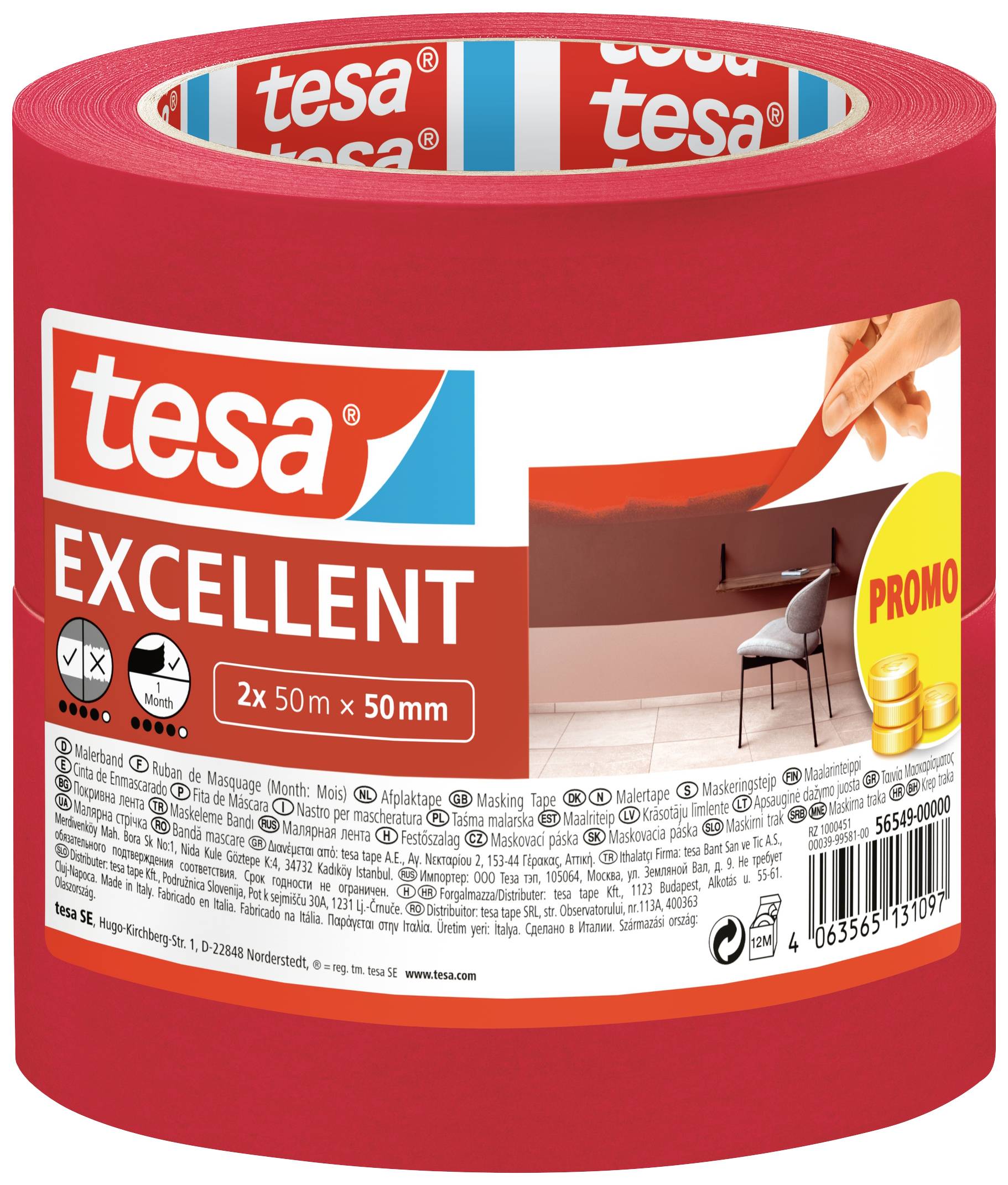 TESA EXCELLENT 56549-00000-00 Kreppband Rot (L x B) 50 m x 50 mm 2 St.