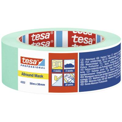 Klebebandrolle 'tesa Allround Mask', blau und rot, 50m x 38mm, für Malerarbeiten, mit Produktinformationen in mehreren Sprachen.