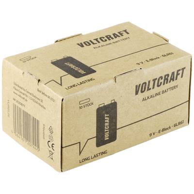 Pappkarton mit der Aufschrift 'Voltcraft Alkaline Battery', zeigt 9V-Batterien. Design weist auf 'Langlebigkeit' und Menge von '10 Stück' hin.