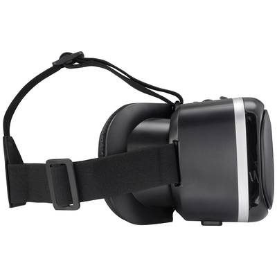 Schwarze VR-Brille mit elastischem Band, seitliche Ansicht. Gerät für Virtual-Reality-Erlebnisse.