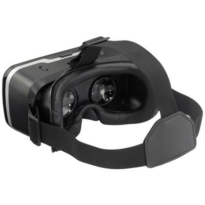 Schwarze Virtual-Reality-Brille mit verstellbarem Gurt, Ansicht von vorne und oben.