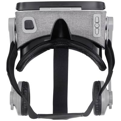Eine VR-Brille mit integrierten Kopfhörern, grauem und schwarzem Design. Knöpfe an der Seite zur Steuerung.