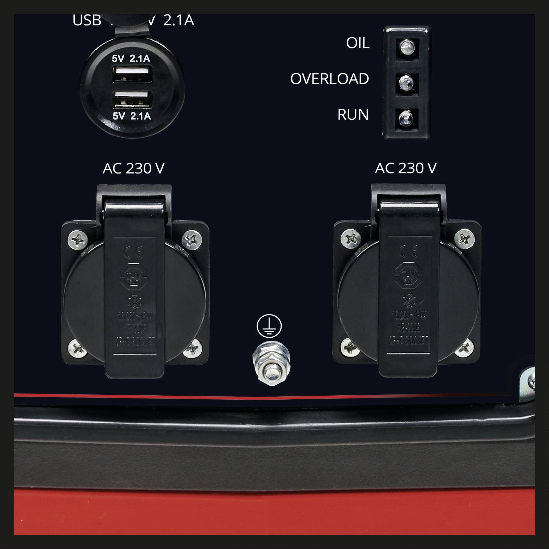 Zwei Steckdosen mit der Aufschrift 'AC 230 V' auf einem Gerät. Oberhalb befinden sich zwei USB-Anschlüsse und Kontrollleuchten für Öl, Überlastung und Betrieb.