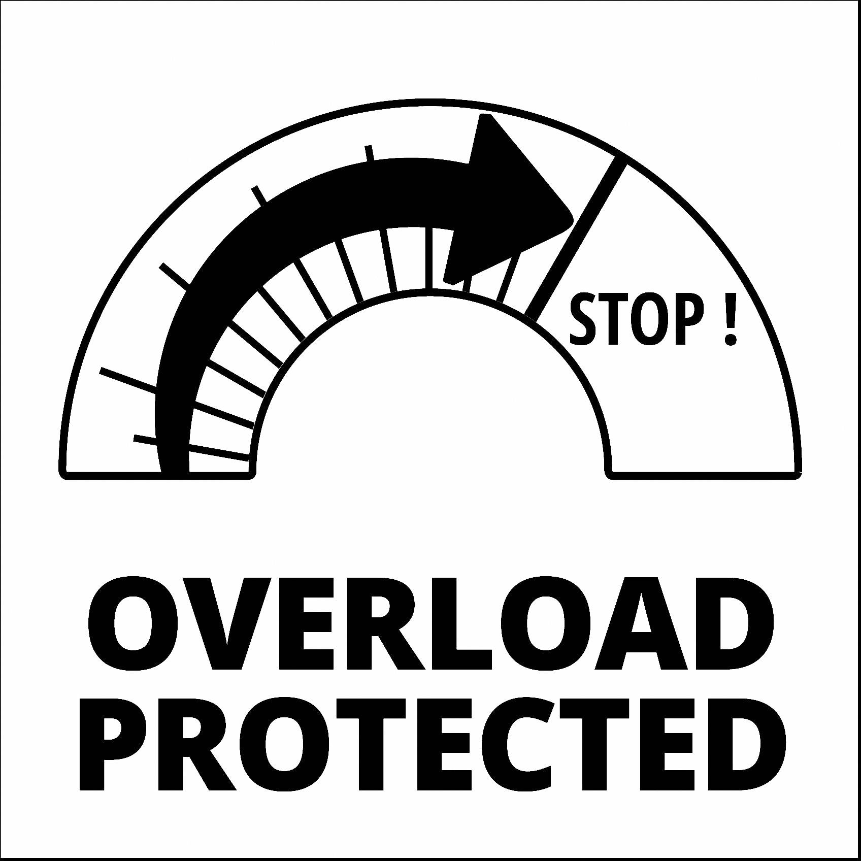 Analoges Messgerät zeigt Überlastung durch Pfeil auf 'STOP!'. Darunter Text 'OVERLOAD PROTECTED', kennzeichnet Schutzmechanismus.
