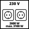 'Zwei Steckdosen' mit der Aufschrift: '230 V, 2600 W, max. 3100 W'.
