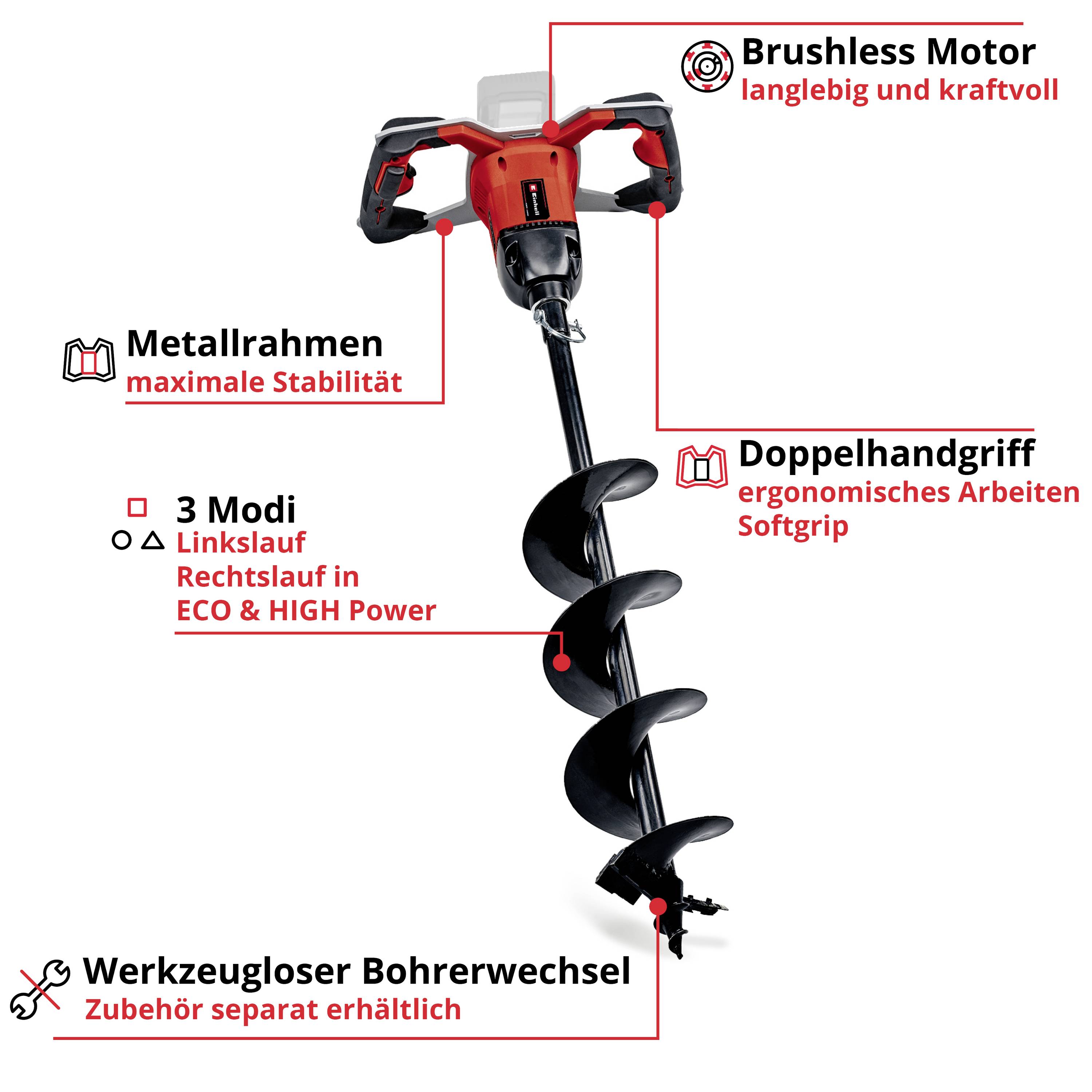 Bohrer mit Metallrahmen, Brushless-Motor und Doppelhandgriff. Drei Modi: Linkslauf, Rechtslauf, ECHO & High Power. Werkzeugloser Bohrerwechsel. Zubehör separat erhältlich.