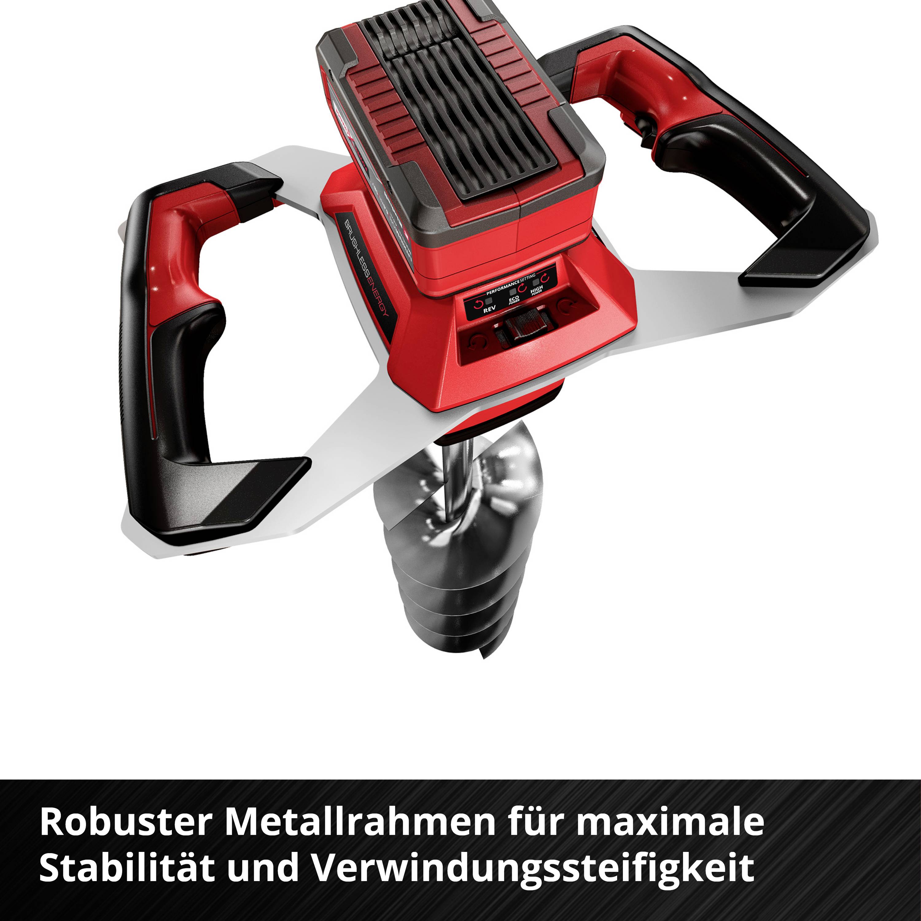 'Elektrisches Werkzeug mit robustem Metallrahmen, rotem Gehäuse und schwarzen Griffen. Bietet maximale Stabilität für Bauarbeiten.'