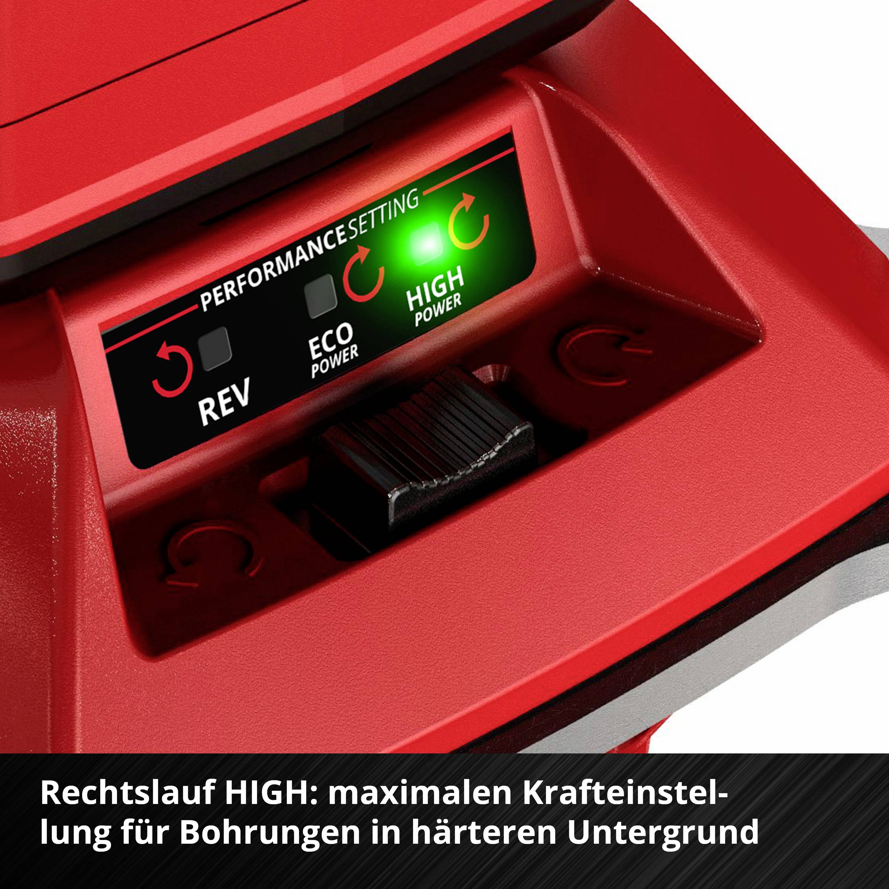 Display mit Anzeige 'PERFORMANCE SETTING', drei Einstellungen: REV, ECO, HIGH. Beschreibung weist auf Rechtslauf HIGH für harten Untergrund hin.