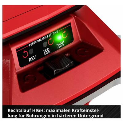 Roter Schalter für Bohrgerät mit Leistungsstufen REV, ECO POWER und HIGH POWER; HIGH ist aktiviert, darunter Hinweis: Rechtslauf HIGH für maximale Krafteinstellung in härteren Untergrund.
