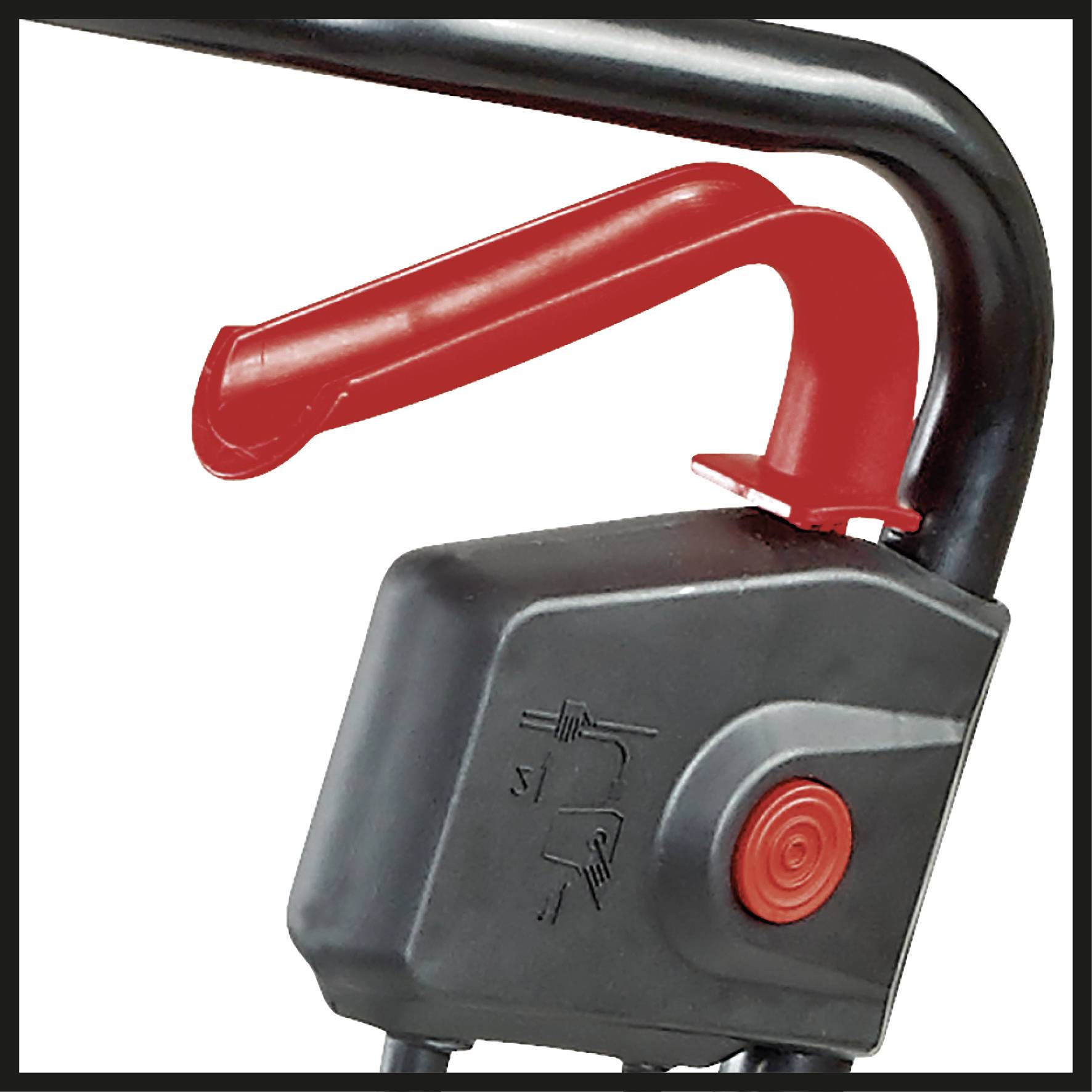 Ein roter Handgriff an einem schwarzen Gerät, das möglicherweise ein Maschinensteuerhebel ist, mit einem Symbol und rotem Knopf.