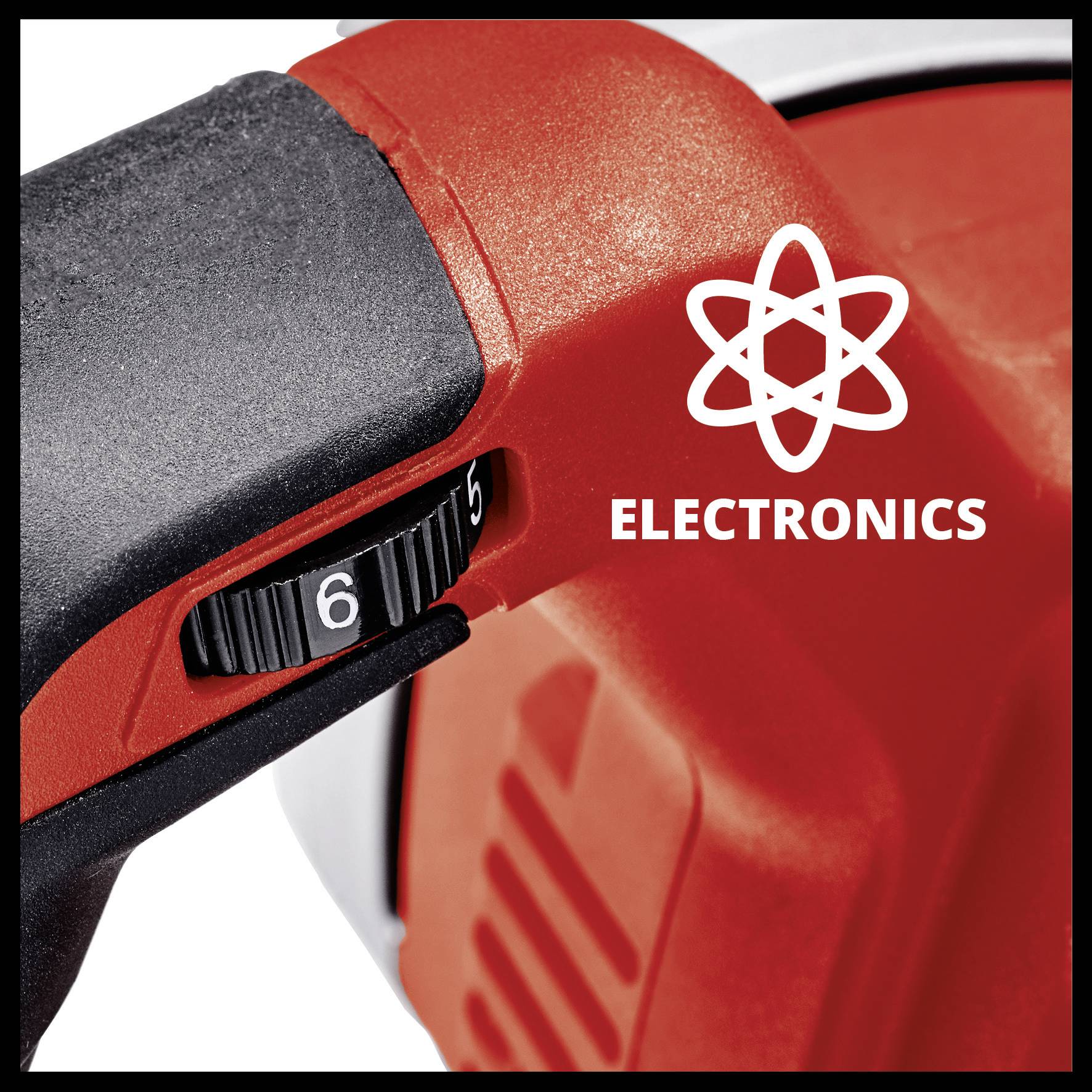 Ein roter, verstellbarer Elektrowerkzeugknopf mit Skala von 1 bis 6; daneben ein Symbol eines Atoms und das Wort 'ELECTRONICS'.