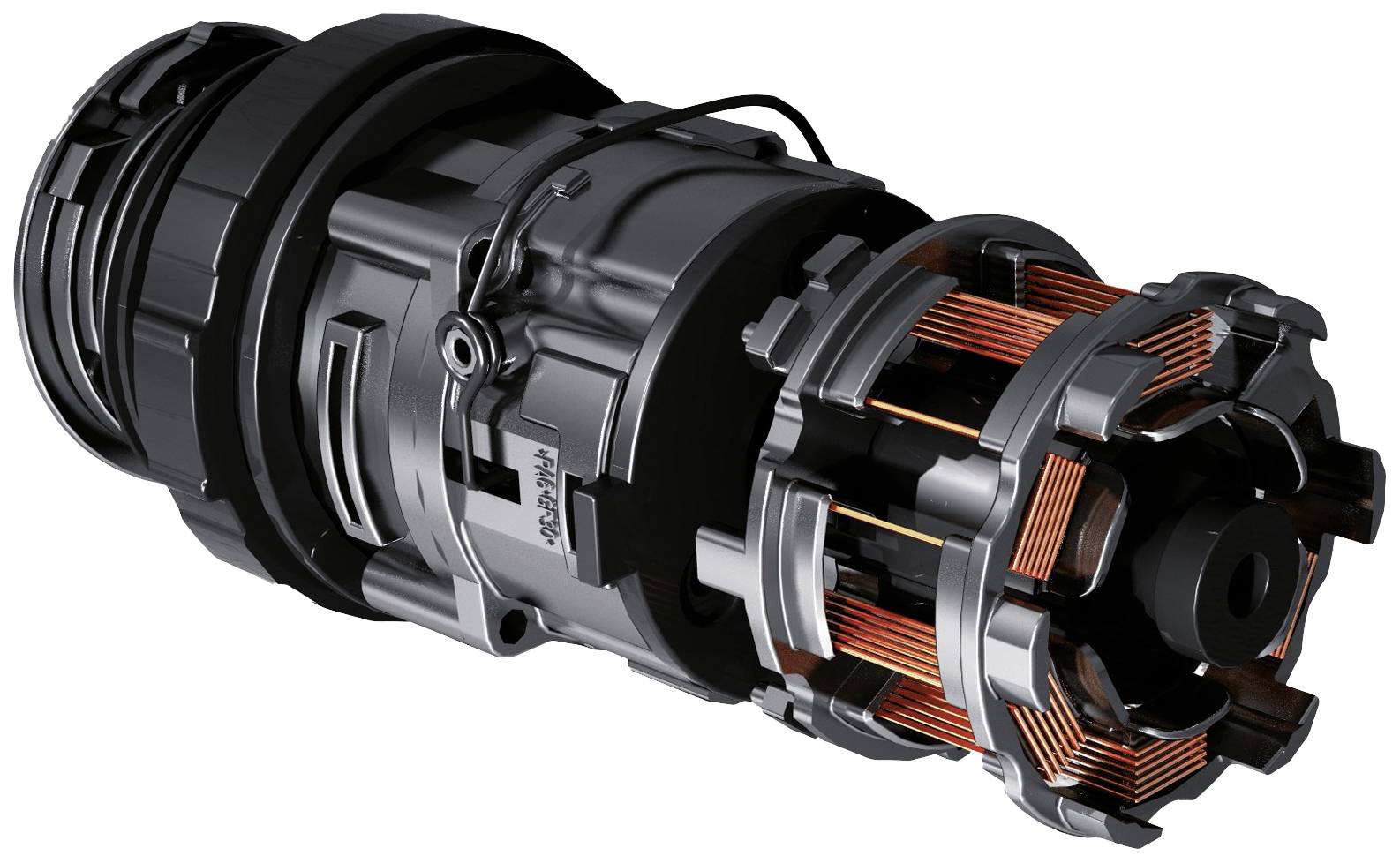 Ein schwarzer, technischer Zylinder mit kupferfarbenen Wicklungen, möglicherweise eine Komponente eines Motors oder einer Maschine.