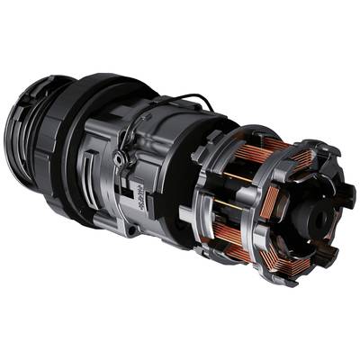 Ein schwarzer, technischer Zylinder mit kupferfarbenen Wicklungen, möglicherweise eine Komponente eines Motors oder einer Maschine.