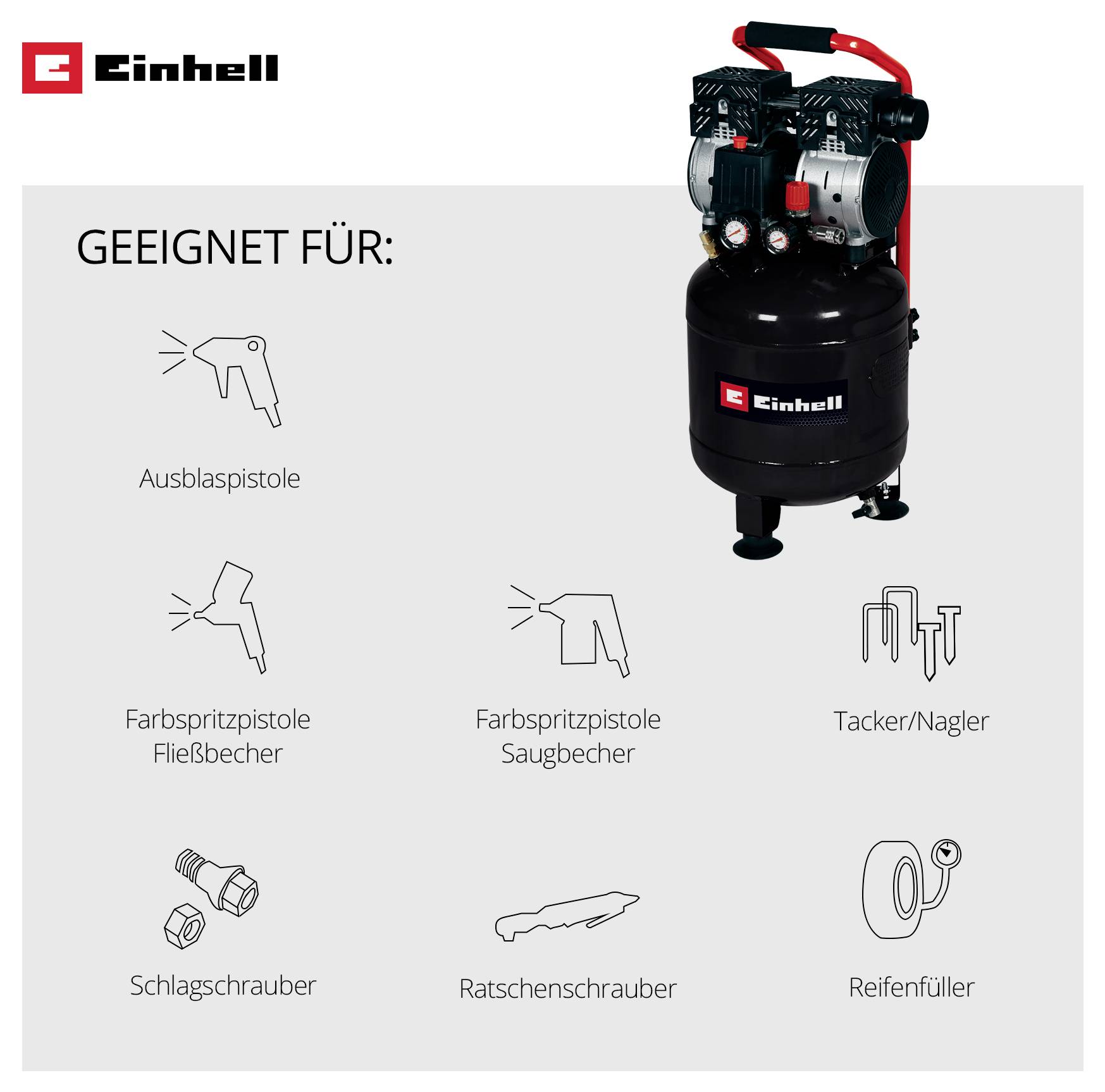 Einhell-Kompressor, geeignet für Ausblaspistole, Farbspritzpistolen, Tacker/Nagler, Schlagschrauber, Ratschenschrauber und Reifenfüller.<br>