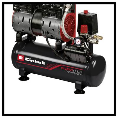 Ein schwarzer Einhell Silent Plus Luftkompressor mit Motor, Druckmesser und rotem Steuerventil auf einem Tank.