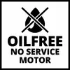 Kreissymbol mit einem durchgestrichenen Tropfen. Text darunter: 'OILFREE NO SERVICE MOTOR'. Motor benötigt kein Öl oder Wartung.