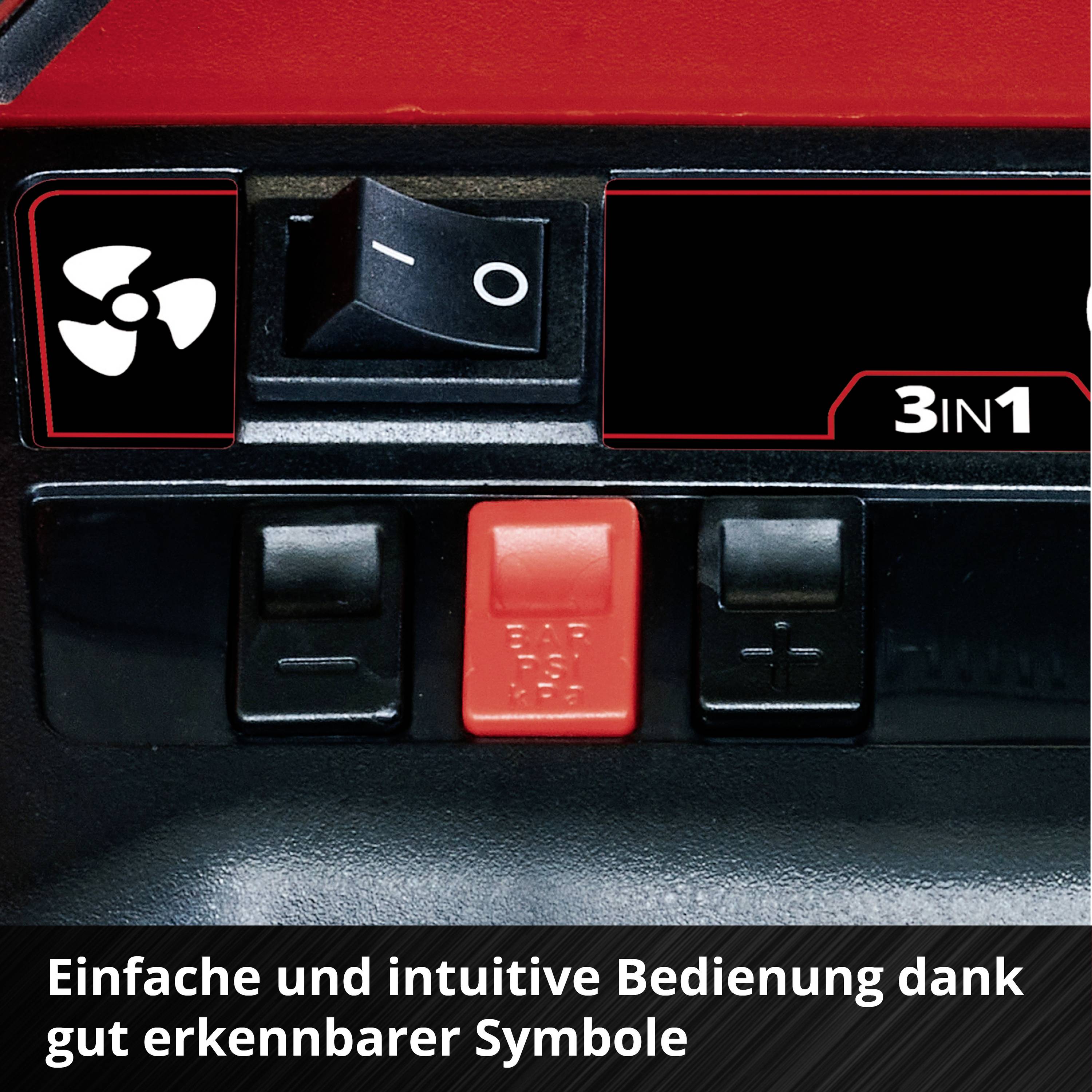 Bedienfeld mit Schalter und Symbolen. Text: 'Einfache und intuitive Bedienung dank gut erkennbarer Symbole'.